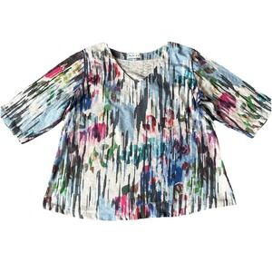 Habitat Knit Top Xl Kimono Sleeves 3/4 V-Neck Abstract Print Art To Wear